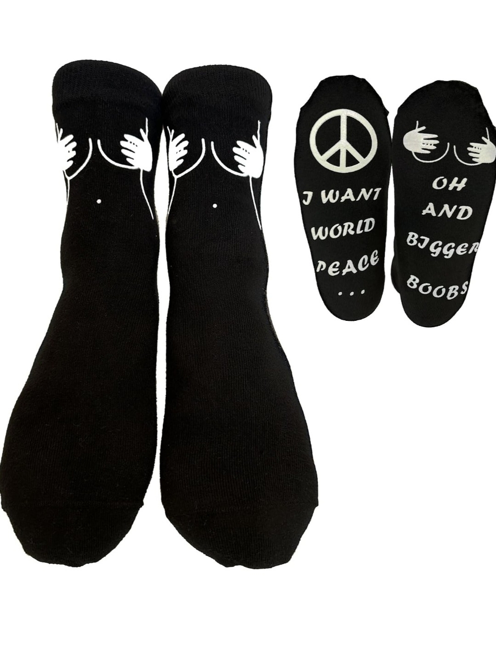 Unisex Black Novelty I Want World Peace Crew Socks with Graphic Print